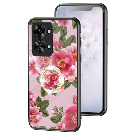 For OnePlus Nord 2T 5G Flower Pattern Printing Kickstand Phone Case TPU Frame PC Tempered Glass Back Cover - Glamorous Peony
