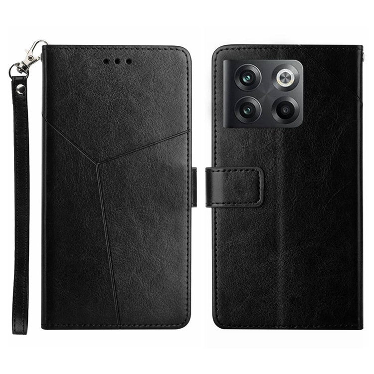 For OnePlus 10T 5G / Ace Pro 5G HT01 PU Leather Wallet Stand Case Imprinted Y-Shaped Lines Well-protected Phone Cover - Black