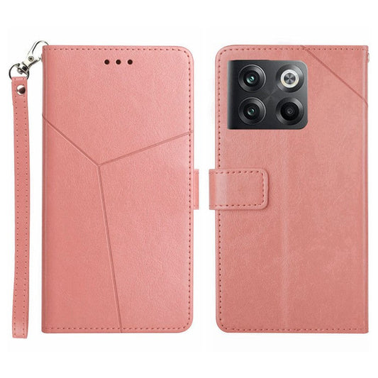 For OnePlus 10T 5G / Ace Pro 5G HT01 PU Leather Wallet Stand Case Imprinted Y-Shaped Lines Well-protected Phone Cover - Pink