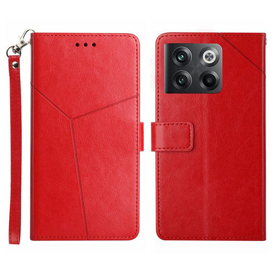 For OnePlus 10T 5G / Ace Pro 5G HT01 PU Leather Wallet Stand Case Imprinted Y-Shaped Lines Well-protected Phone Cover - Red