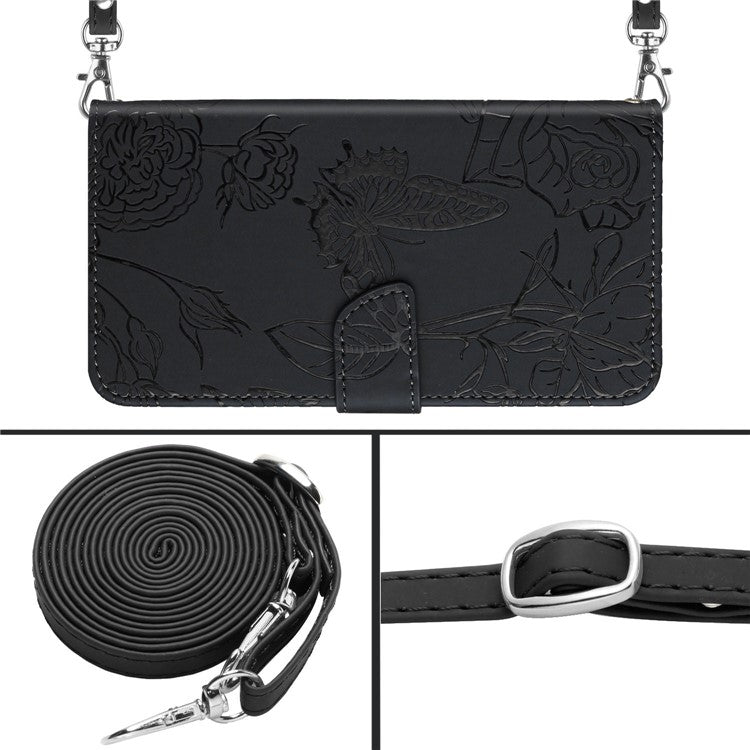For OnePlus 10T 5G / Ace Pro 5G Skin-touch Magnetic Leather Folio Flip Cover Butterfly Flowers Imprinting Stand Wallet Case with Shoulder Strap - Black