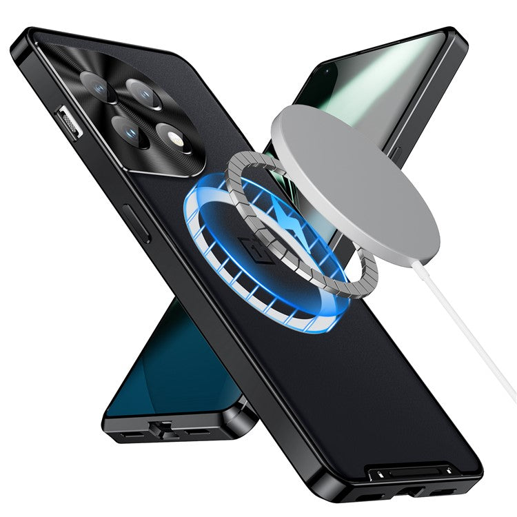 For OnePlus 11 5G Magnetic Phone Case Electroplating Metal Edge Matte Phone Cover with Lens Protection - Black