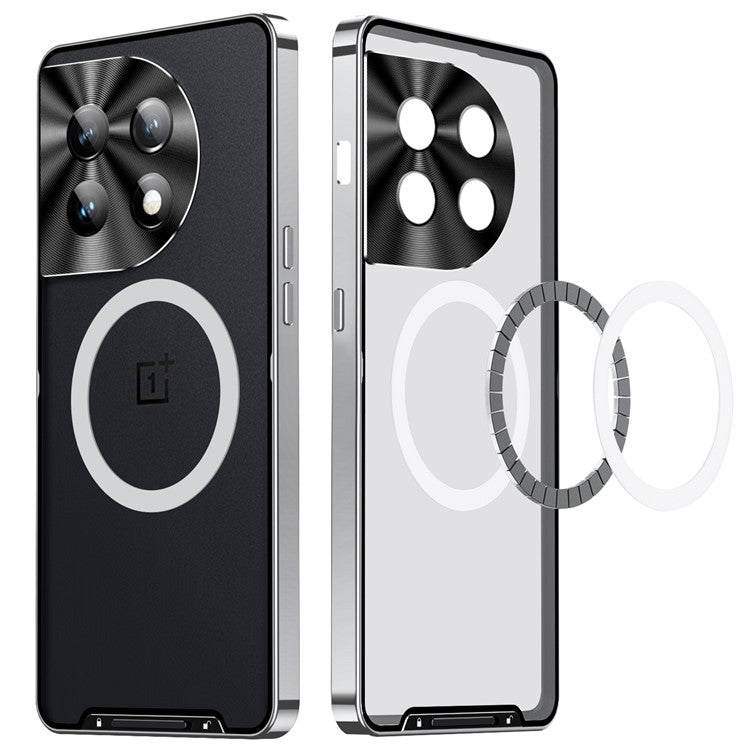 For OnePlus 11 5G Magnetic Phone Case Electroplating Metal Edge Matte Phone Cover with Lens Protection - Silver