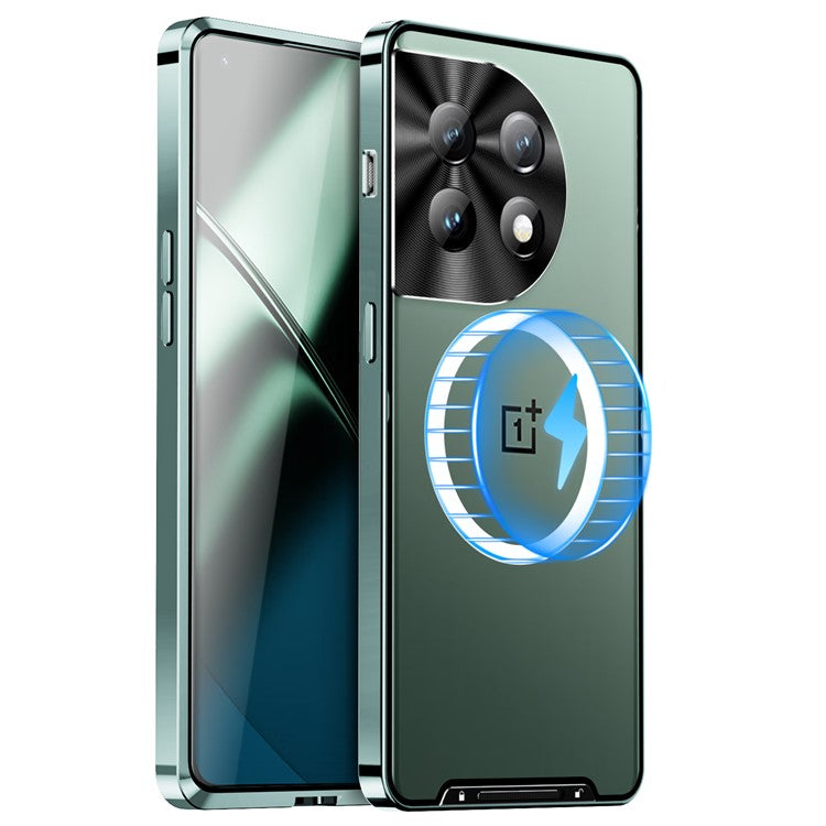 For OnePlus 11 5G Magnetic Phone Case Electroplating Metal Edge Matte Phone Cover with Lens Protection - Green
