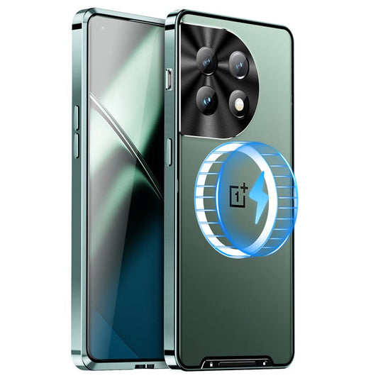 For OnePlus 11 5G Magnetic Phone Case Electroplating Metal Edge Matte Phone Cover with Lens Protection - Green