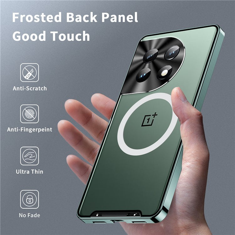 For OnePlus 11 5G Magnetic Phone Case Electroplating Metal Edge Matte Phone Cover with Lens Protection - Green