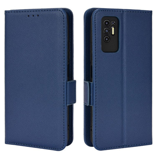 Flip Cell Phone Case for TECNO Pova 2 / LE7, Wallet Stand Magnetic Clasp Litchi Texture Leather Cover Inner TPU Phone Shell - Dark Blue