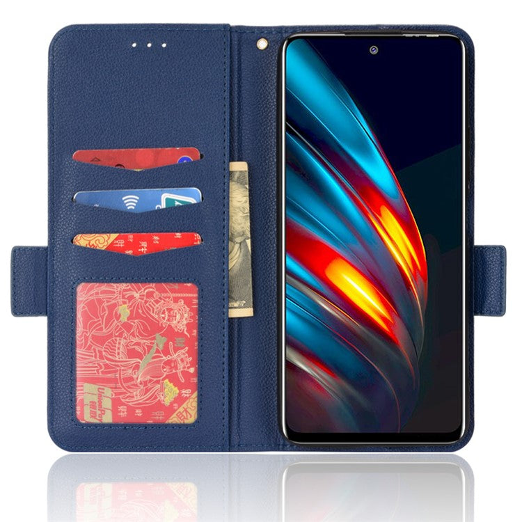 Flip Cell Phone Case for TECNO Pova 2 / LE7, Wallet Stand Magnetic Clasp Litchi Texture Leather Cover Inner TPU Phone Shell - Dark Blue
