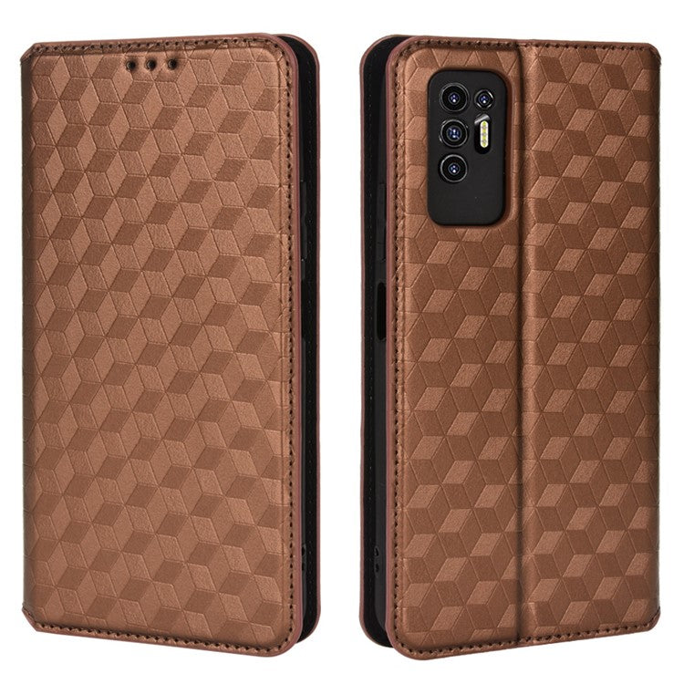 For TECNO Pova 2 LE7 Rhombus Imprinted Shockproof Leather Case Stand Wallet Phone Cover - Brown