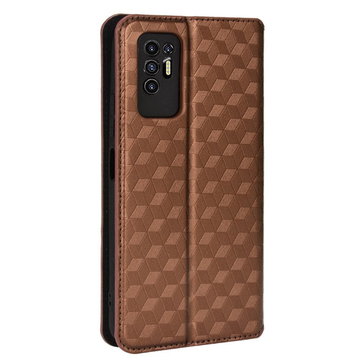 For TECNO Pova 2 LE7 Rhombus Imprinted Shockproof Leather Case Stand Wallet Phone Cover - Brown