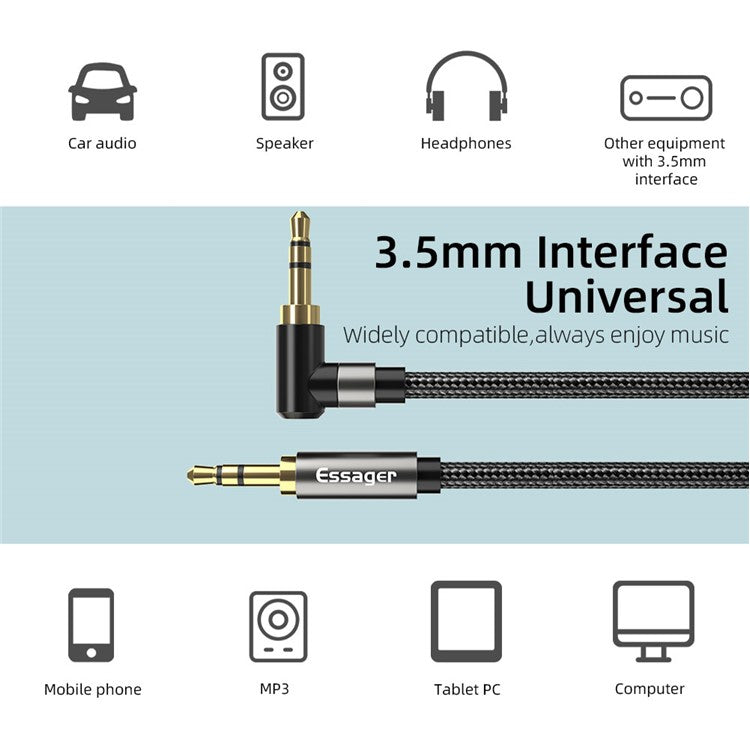 ESSAGER 3.5mm Jack Male to Male Audio AUX Cable for PC Mobile Phone Speaker, 1.5m - Black