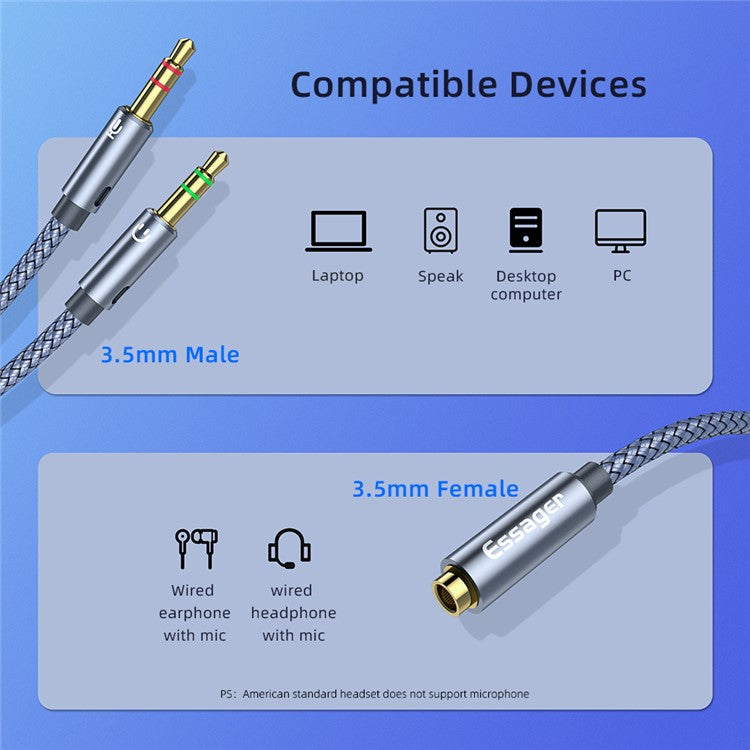 ESSAGER 0.25m 3.5mm Female to Dual 3.5mm Male Mic AUX Audio Y Splitter Cable Headphone Adapter Cord