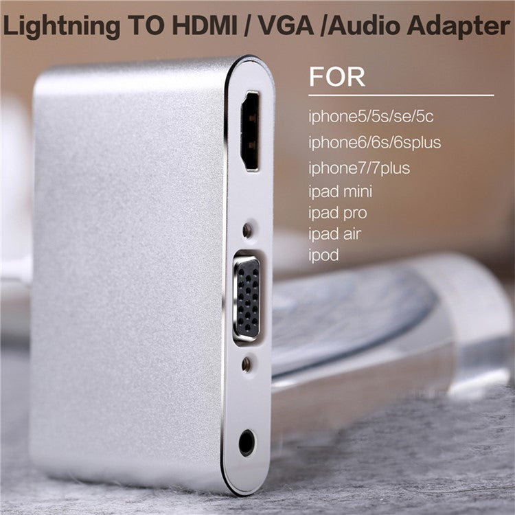 Lightning 8 Pin Male to HDMI + VGA + Audio Female Cable Adapter for iPhone X / 8P / 8 / 7 /7 Plus Etc. - White