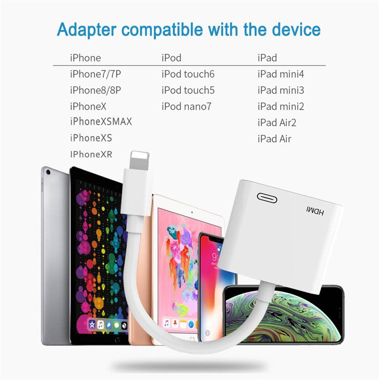 Lightning 8pin Male to HDMI Female + 8pin Female Lightning Digital AV Adapter for iPhone 13/12/11/8/7 - White