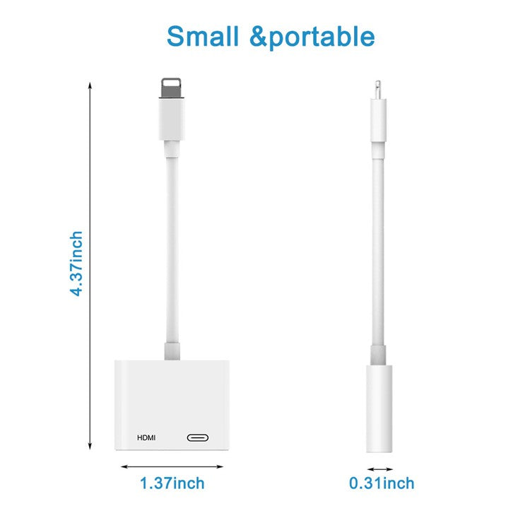 Lightning 8pin Male to HDMI Female + 8pin Female Lightning Digital AV Adapter for iPhone 13/12/11/8/7 - White