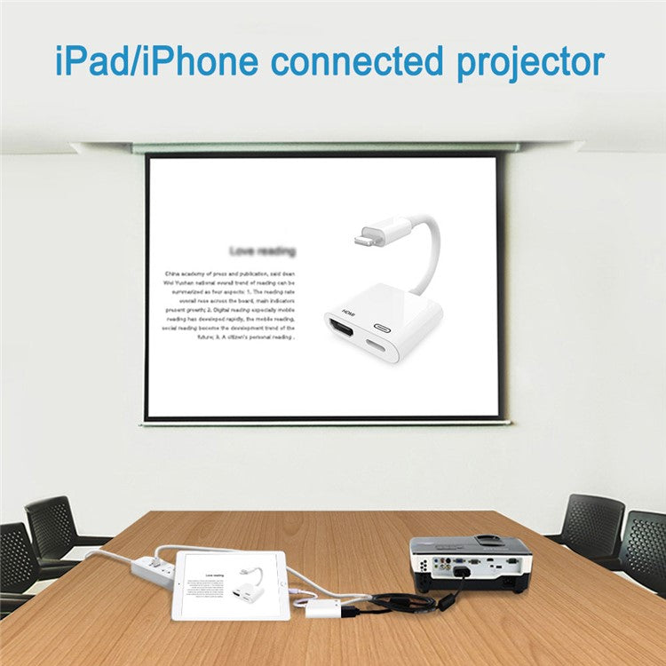 Lightning 8pin Male to HDMI Female + 8pin Female Lightning Digital AV Adapter for iPhone 13/12/11/8/7 - White