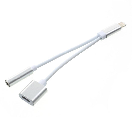 2 in 1 Lightning Converter Cable with 3.5mm Audio Jack and Charge Port for iPhone 8/8 Plus/7/7 Plus - Silver Color / White Cable