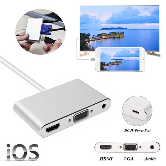Lightning 8pin to HDMI + VGA + Audio + Micro USB Power Port Adapter Converter with USB Cable for iPhone/iPad