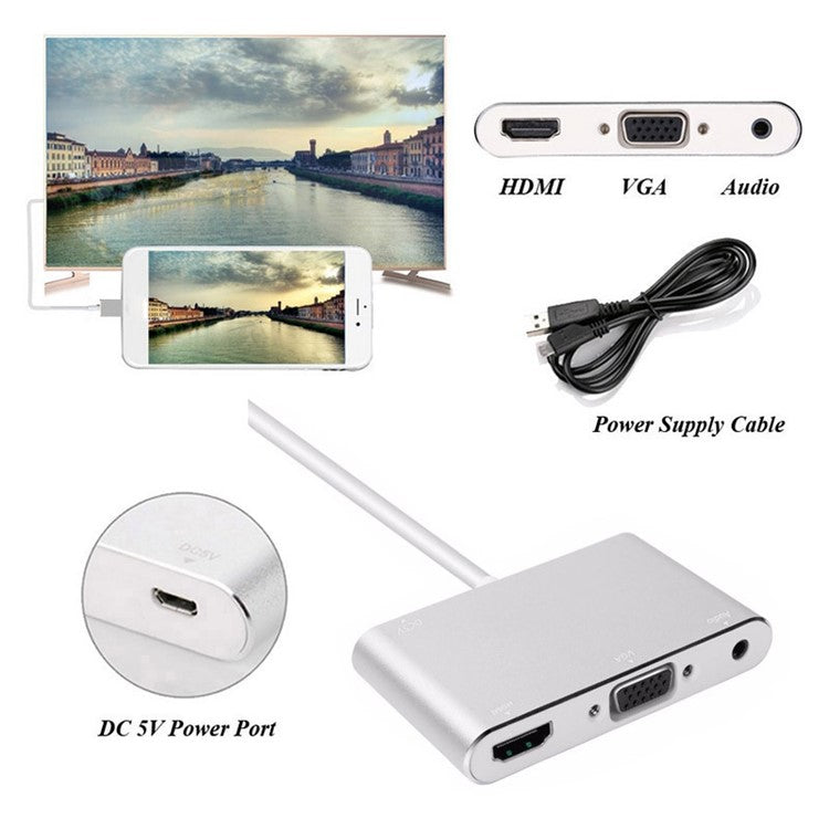 Lightning 8pin to HDMI + VGA + Audio + Micro USB Power Port Adapter Converter with USB Cable for iPhone/iPad