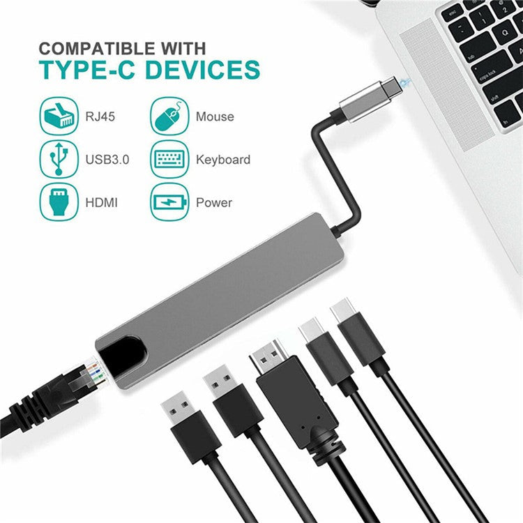6 in 1 USB Type-C Hub Adapter Dock with 4K HDMI PD RJ45 Ethernet Card Reader