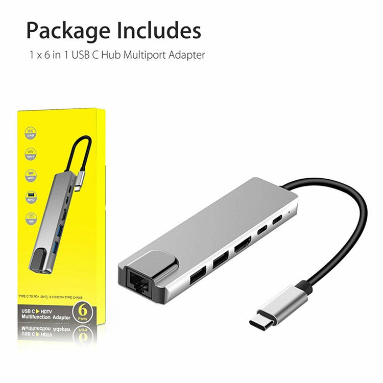 6 in 1 USB Type-C Hub Adapter Dock with 4K HDMI PD RJ45 Ethernet Card Reader