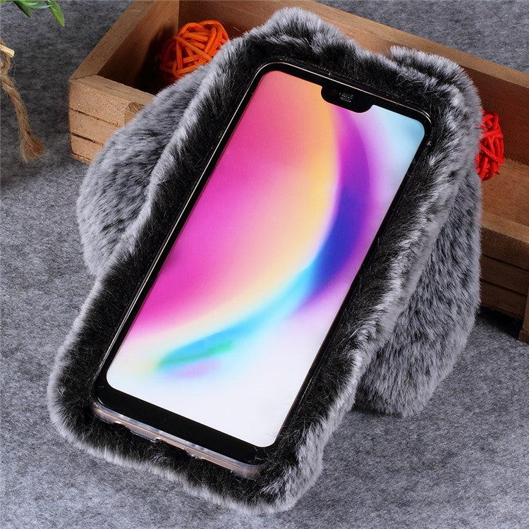 For Huawei P20 Lite / Nova 3e (China) Rabbit Shape Fluffy Fur Coated Rhinestone TPU Protective Mobile Shell - Dark Grey