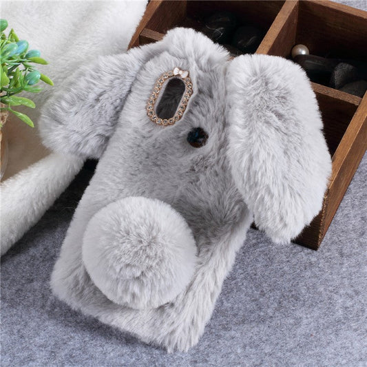 For Huawei P20 Lite / Nova 3e (China) Rabbit Shape Fluffy Fur Coated Rhinestone TPU Phone Cover Shell - Light Grey