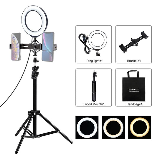 PULUZ 1.1m Tripod Mount + Live Broadcast Dual Phone Bracket + 6.2 inch 16cm LED Ring Vlogging Video Light Kits