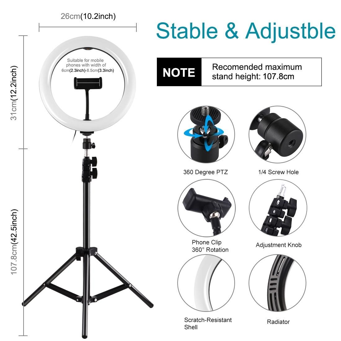 PULUZ 1.1m Tripod Mount + 10 inch 26cm RGBW LED Ring Vlogging Video Light  Live Broadcast Kits with Cold Shoe Tripod Ball Head & Phone Clamp