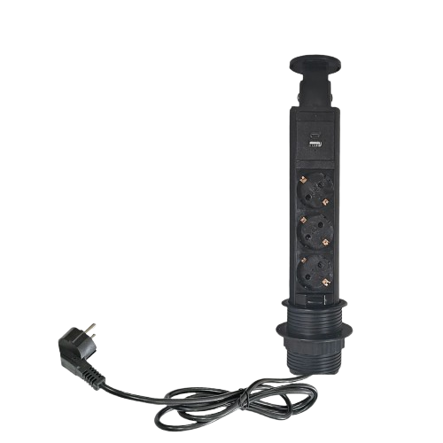 Cylindrical desktop pull up Socket 3 EU plug with USB A&C charging with 1.8m power cable