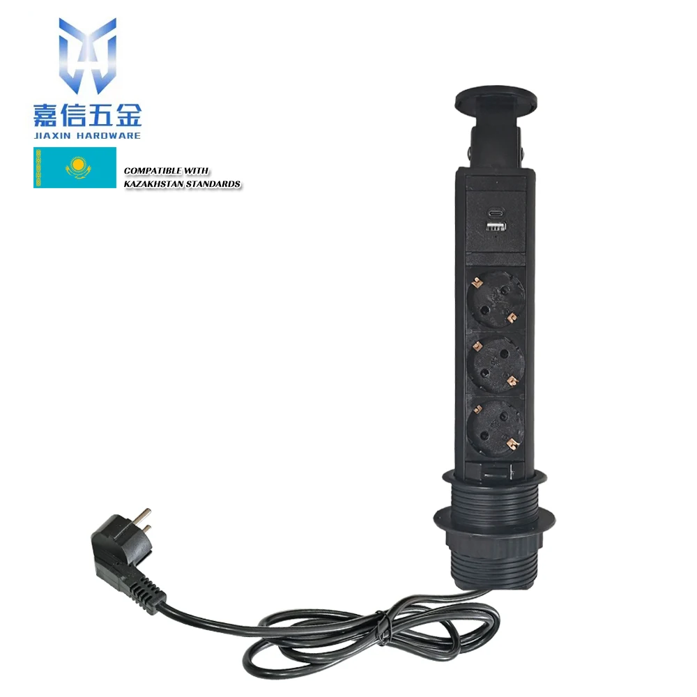 Cylindrical desktop pull up Socket 3 EU plug with USB A&C charging with 1.8m power cable