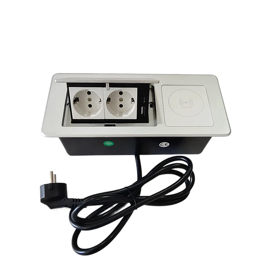 Desktop pop up Socket 2 EU plug with USB A&amp;C charging with Wireless charging with 1.8m power cable