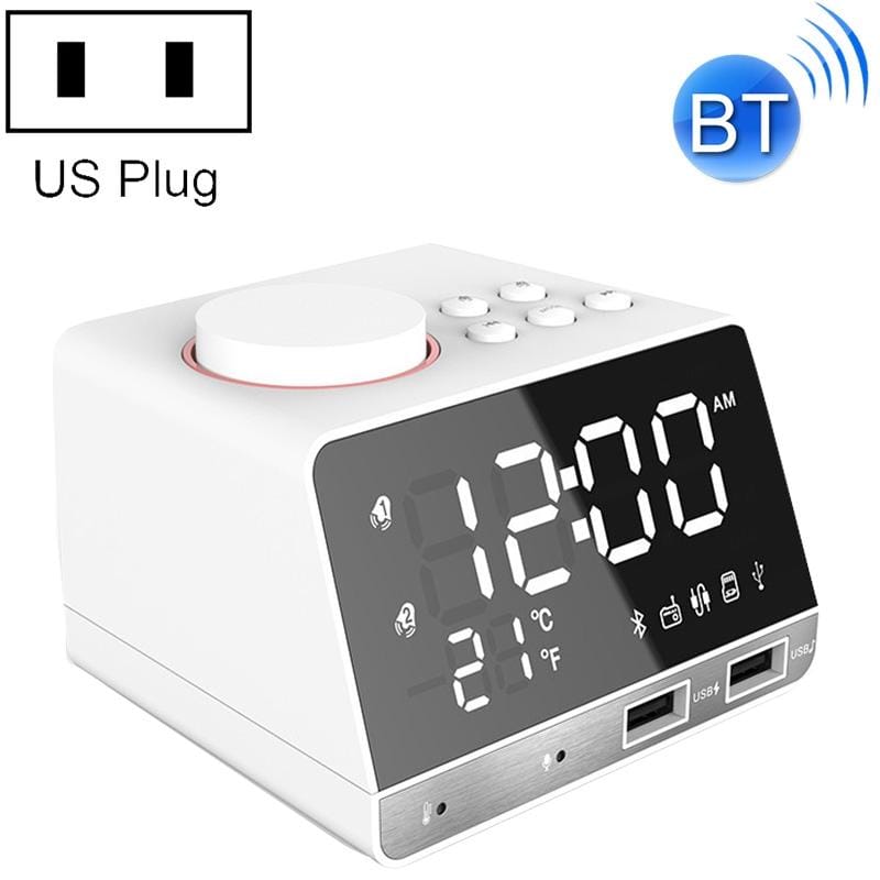 K11 Bluetooth Alarm Clock Speaker Creative Digital Music Clock Display Radio with Dual USB Interface, Support U Disk / TF Card / FM / AUX, US Plug (White)