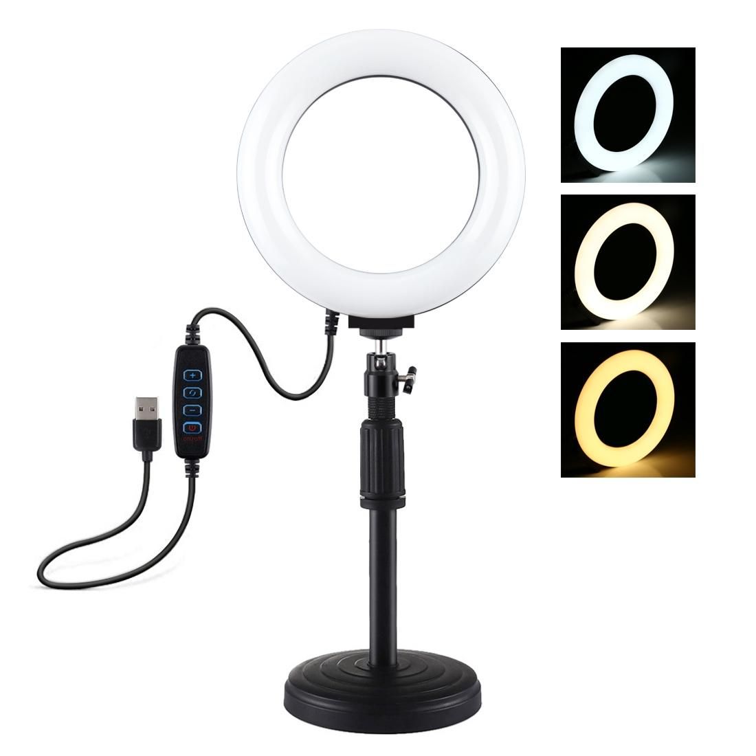 PULUZ Round Base Desktop Mount + 6.2 inch 3 Modes USB Dimmable LED Ring Vlogging Video Light, Adjustable Height: 18cm-28cm