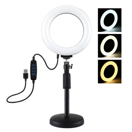 PULUZ Round Base Desktop Mount + 6.2 inch 3 Modes USB Dimmable LED Ring Vlogging Video Light, Adjustable Height: 18cm-28cm