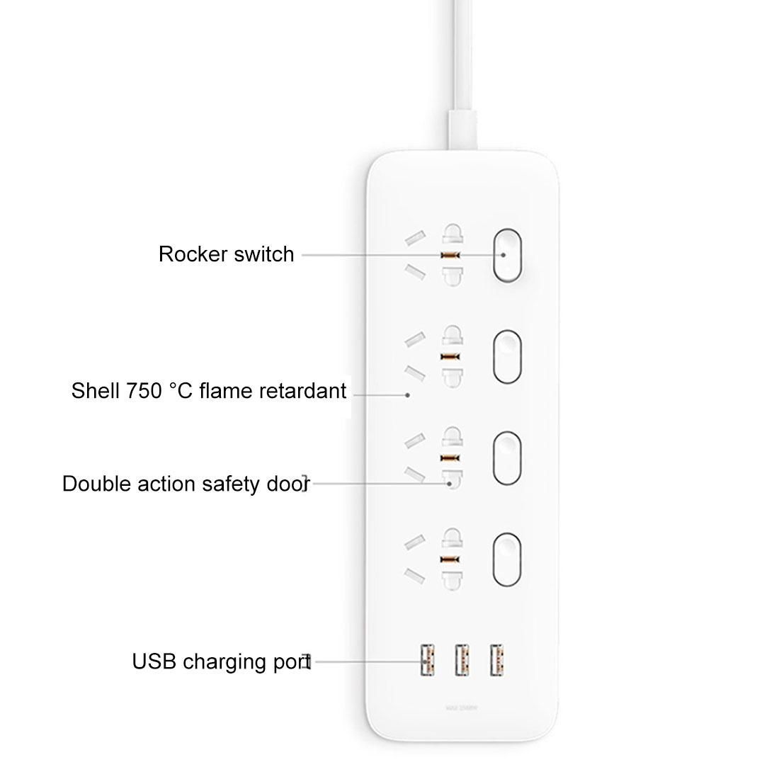 Original Xiaomi Mijia Power Socket Strip 4 Sockets Big Plug Extension Patch Board with 4 Control Switches & 5V / 2.1A 3 USB Ports for Home, Office