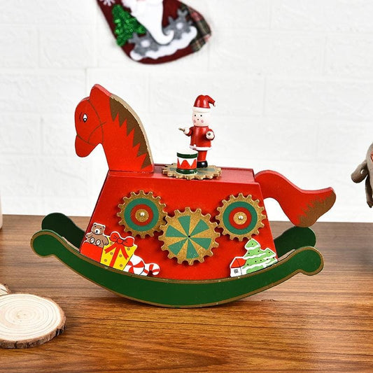 Christmas Decorations Ornaments Wooden Music Box Hand-Rotating Toys Wooden Rocking Horse Music Box