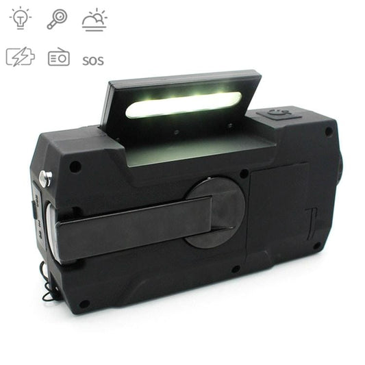 Multifunctional Hand Crank Solar Power LED Flashlight Full Band FM Radio Desk Lamp Alarm, Style:US Version NOAA (Black)