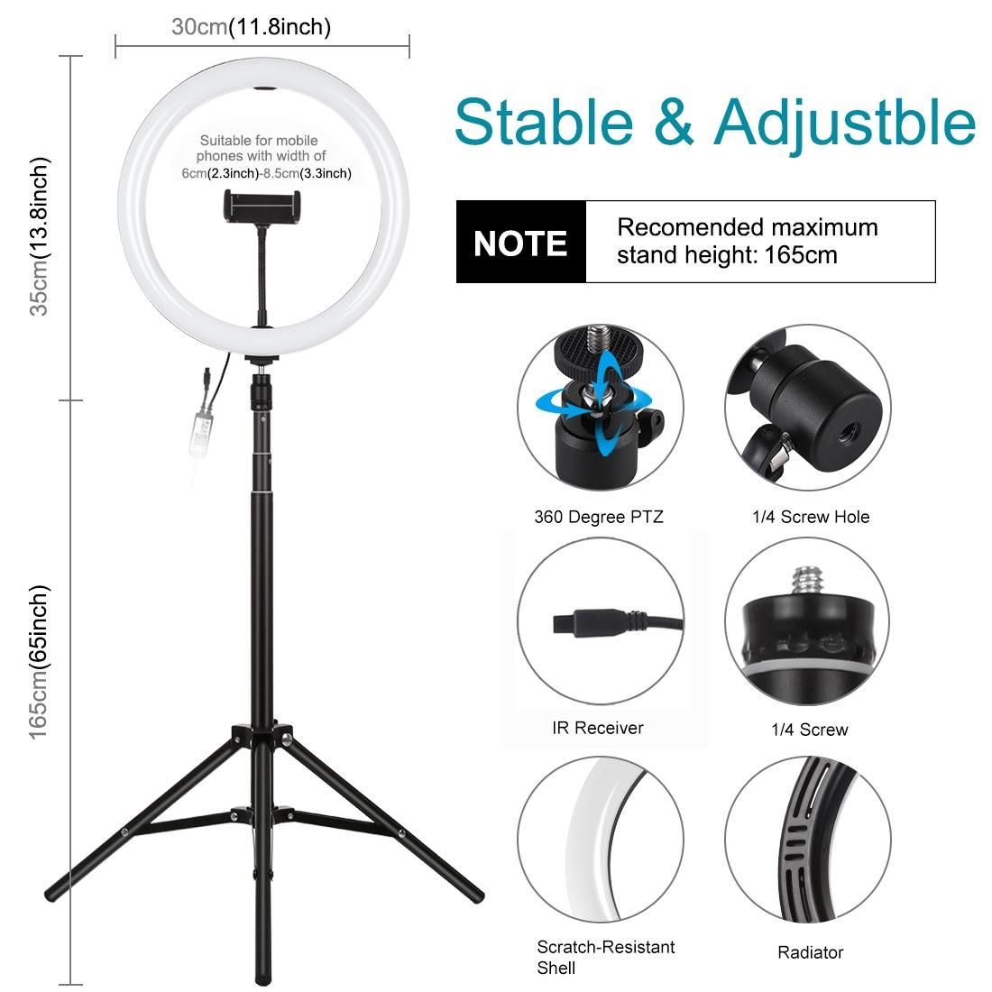 PULUZ 11.8 inch 30cm RGBW Light + 1.65m Mount Curved Surface RGBW Dimmable LED Ring Vlogging Light  Live Broadcast Kits with Cold Shoe Tripod Adapter & Phone Clamp & Remote Control (Black)