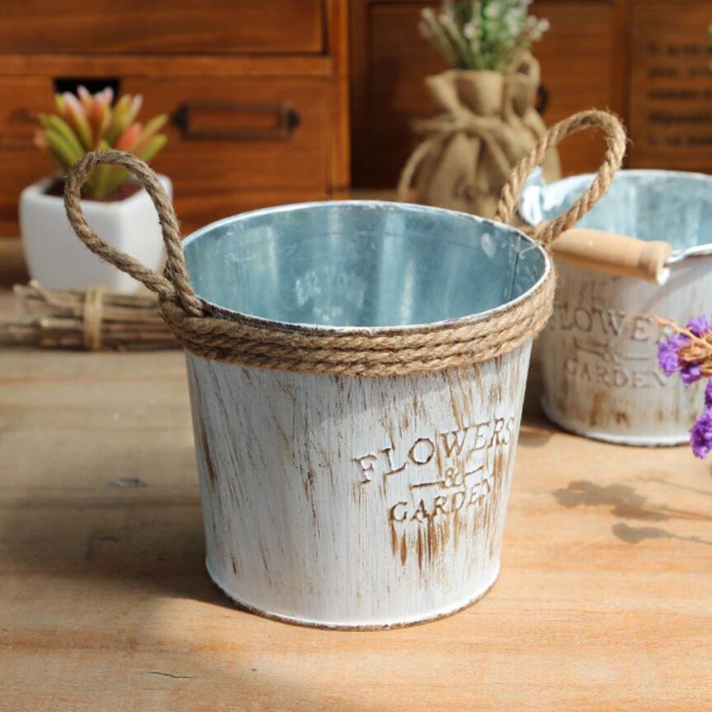 Shabby Chic Galvanised Metal Iron Flower Plants Bucket Flower Vase Pot #2