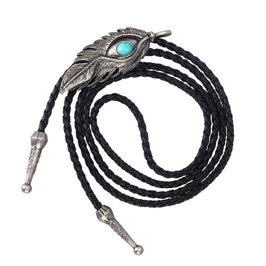 Vintage Alloy Feather Shape Western Cowboy Bolo Tie Necktie Ancient silver