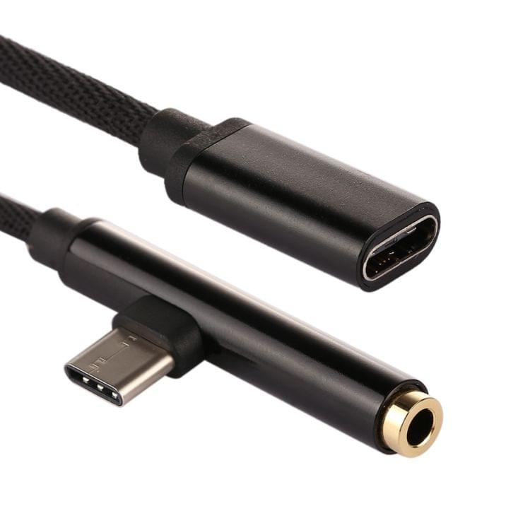 3 in 1 Type-C Male to 3.5mm Female Nylon Earphone Audio Adapter (Black)