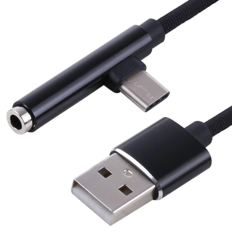 Type-C Male + USB to 3.5mm Female Cloth Earphone Audio Adapter Cable(Black)