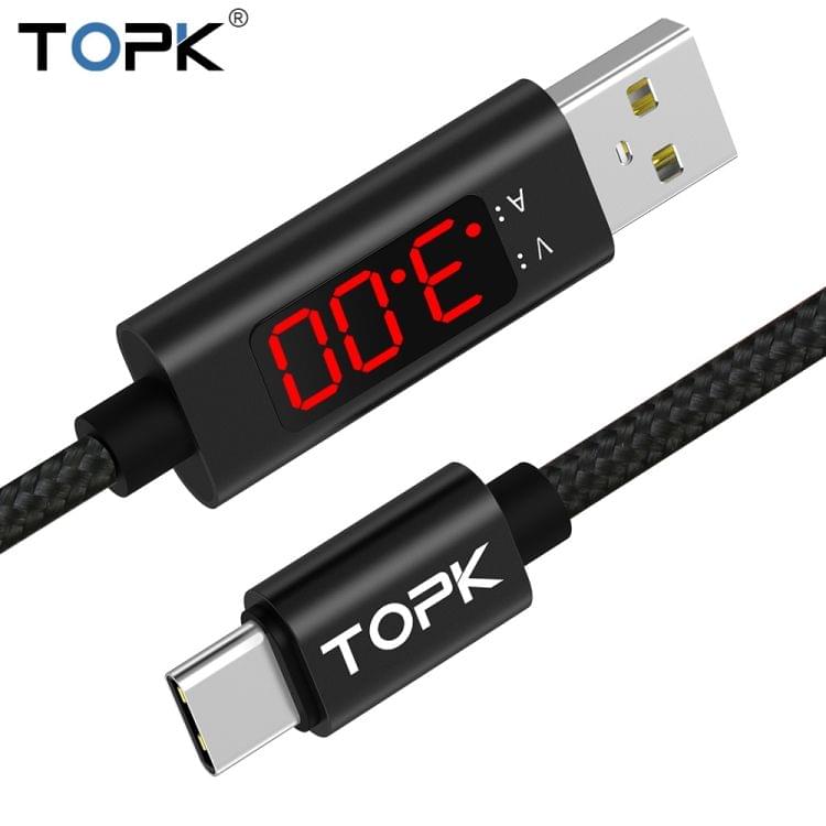TOPK 1m 3A Max USB to USB-C / Type-C Nylon Braided Fast Charging Sync Data Cable, with Output Display (Black)