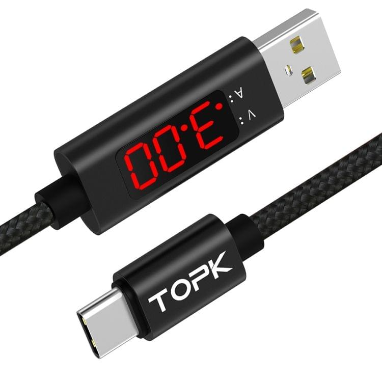 TOPK 1m 3A Max USB to USB-C / Type-C Nylon Braided Fast Charging Sync Data Cable, with Output Display (Black)