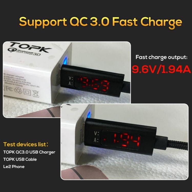 TOPK 1m 3A Max USB to USB-C / Type-C Nylon Braided Fast Charging Sync Data Cable, with Output Display (Black)