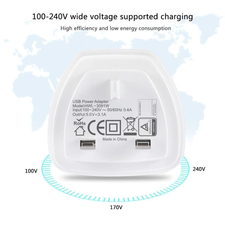 [BS Certificate] HAWEEL UK Plug 4 USB Ports Max 3.1A Travel Charger, Private Mold with Patent