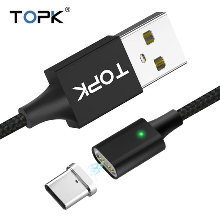 TOPK 2m USB to USB-C / Type-C Magnetic Braided Fast Charging Sync Data Cable (Black)