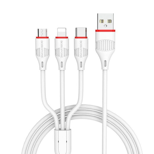 Borofone BX17 Enjoy 3 in 1 2A Micro USB + 8 Pin + USB-C / Type-C to USB Fast Charging Cable (White)