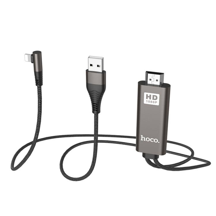 hoco UA14 L-type 8 Pin Interface to HDMI 1080P HD Same Screen Transmission Armor Braided Data Cable, Length: 2m (Black)